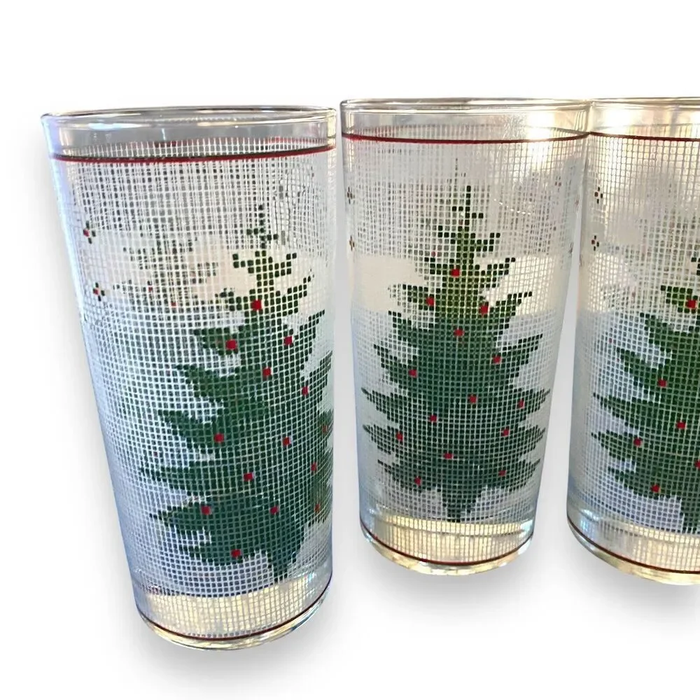Vintage 4 pc CULVER Needlepoint Holiday Christmas Tree Glasses Highball Tumbler